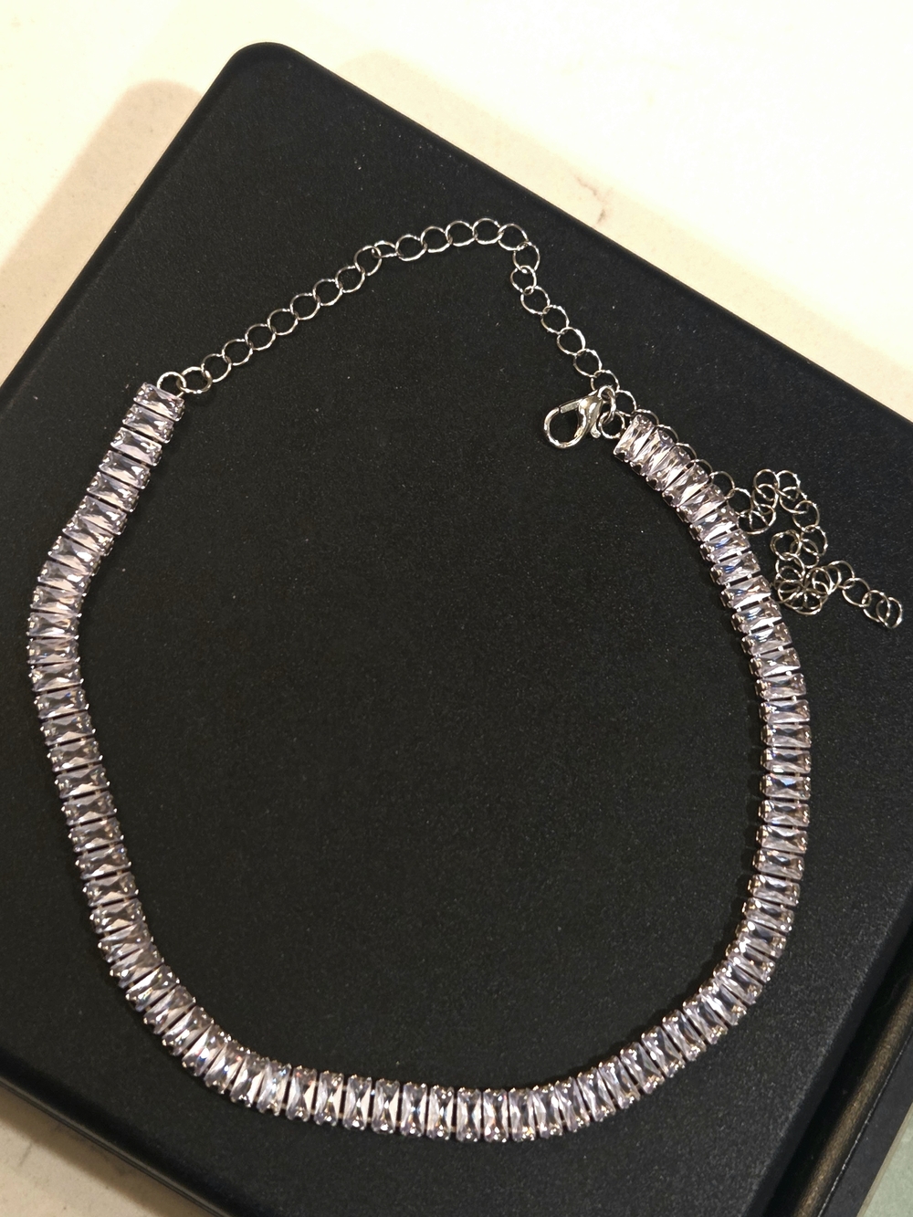 Silver Crystal Baguette Tennis Necklace - Women's Sparkling Jewelry - Picture 9 of 11